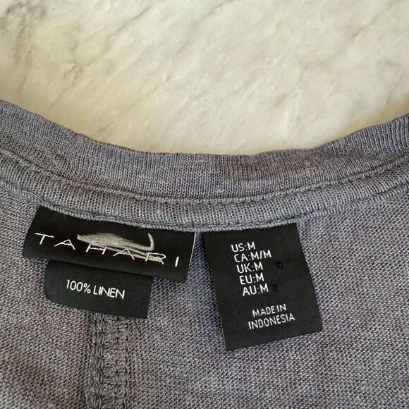 Tahari 100% linen gray Top shirt Linen Asymmetrical Hem Short Sleeve size M - Picture 4 of 7